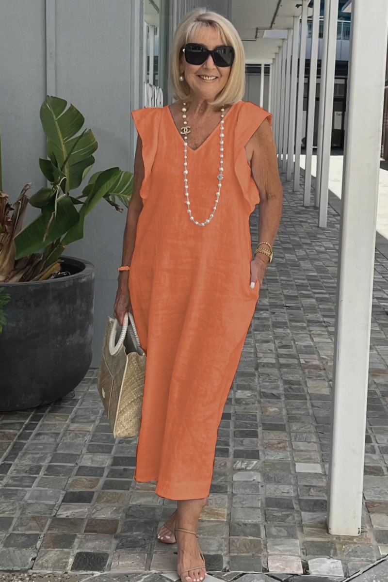 Women's Elegant Maxi Dress - Soft V-Neck, Ruffle-Capped Sleeves, Wide-Leg Silhouette 6