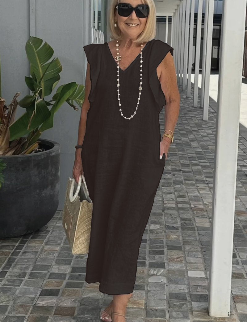 Women's Elegant Maxi Dress - Soft V-Neck, Ruffle-Capped Sleeves, Wide-Leg Silhouette 8