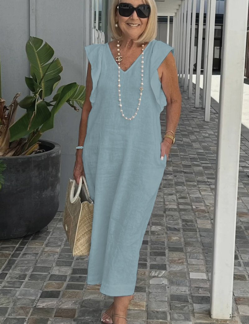 Women's Elegant Maxi Dress - Soft V-Neck, Ruffle-Capped Sleeves, Wide-Leg Silhouette 9