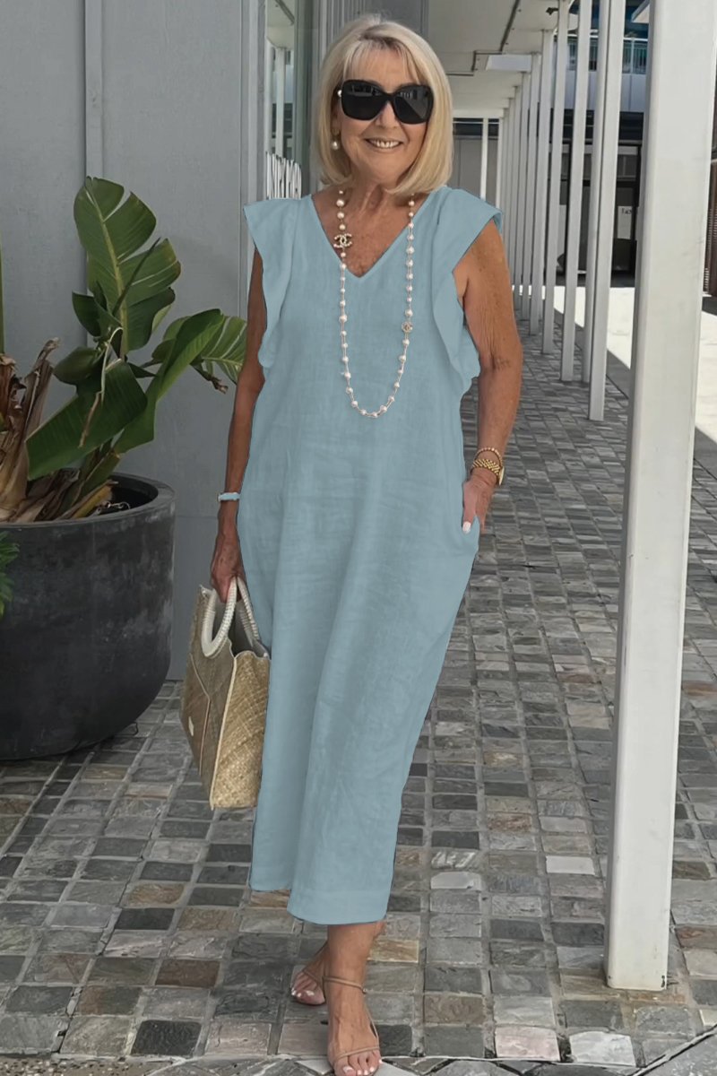 Women's Elegant Maxi Dress - Soft V-Neck, Ruffle-Capped Sleeves, Wide-Leg Silhouette 9