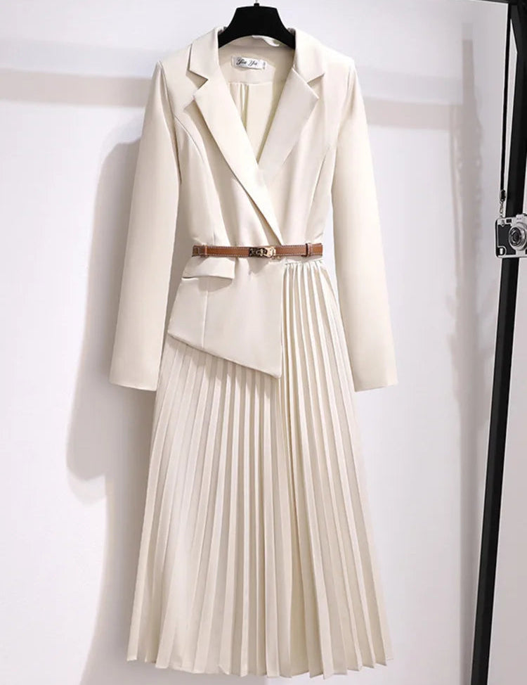 Women's Formal Blazer Dress with Pleated Skirt and Adjustable Belt 0