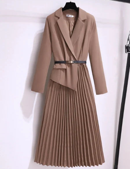 Women's Formal Blazer Dress with Pleated Skirt and Adjustable Belt 3