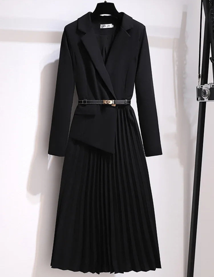 Women's Formal Blazer Dress with Pleated Skirt and Adjustable Belt 4