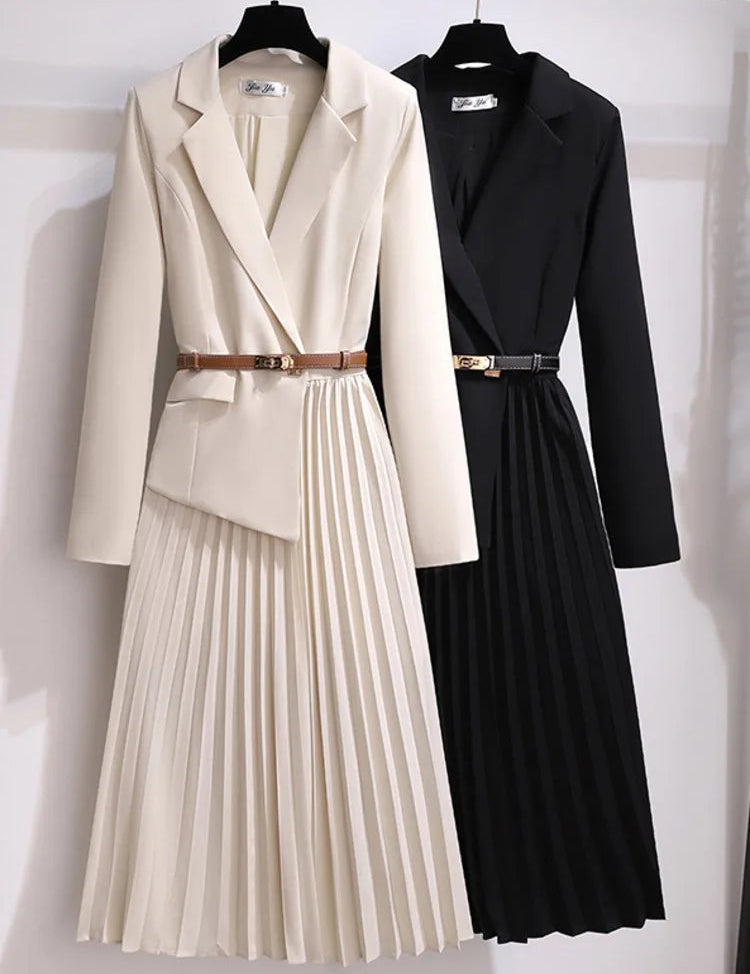Women's Formal Blazer Dress with Pleated Skirt and Adjustable Belt 5