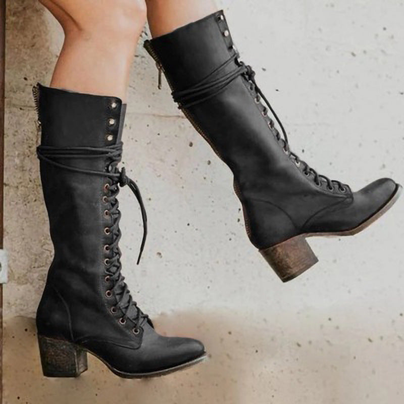 Women's Knee-High Leather Boots with Lace-Up Front and Chunky Heel 0