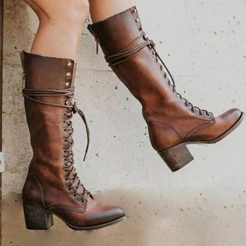 Women's Knee-High Leather Boots with Lace-Up Front and Chunky Heel 1