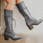 Women's Knee-High Leather Boots with Lace-Up Front and Chunky Heel 2