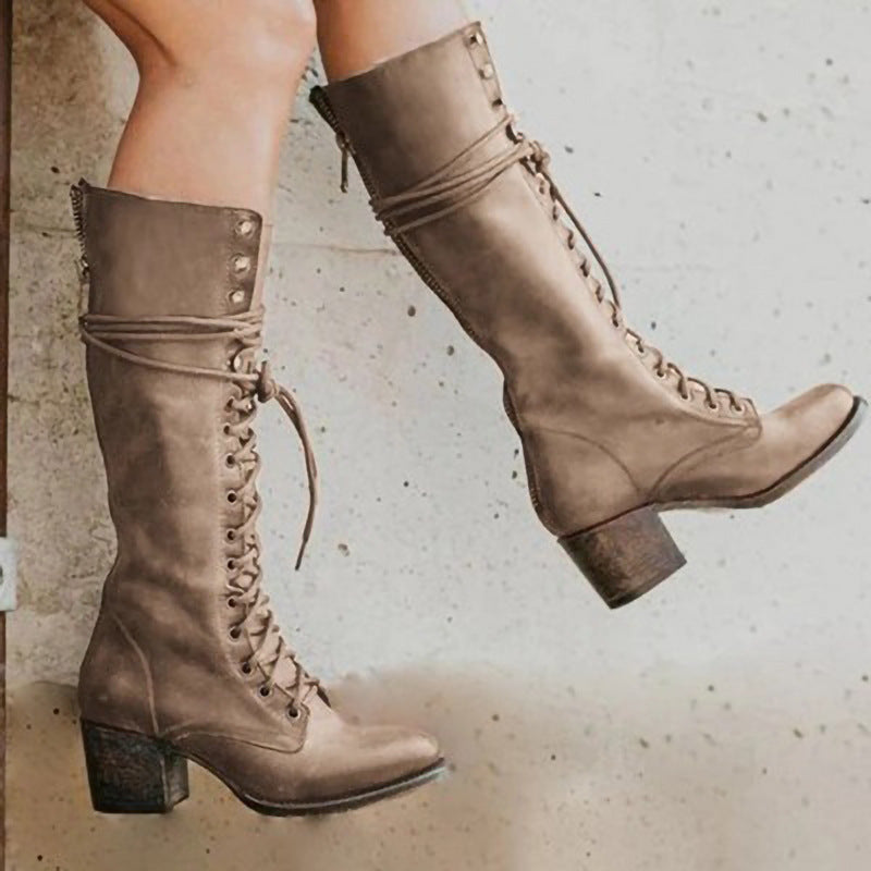 Women's Knee-High Leather Boots with Lace-Up Front and Chunky Heel 3
