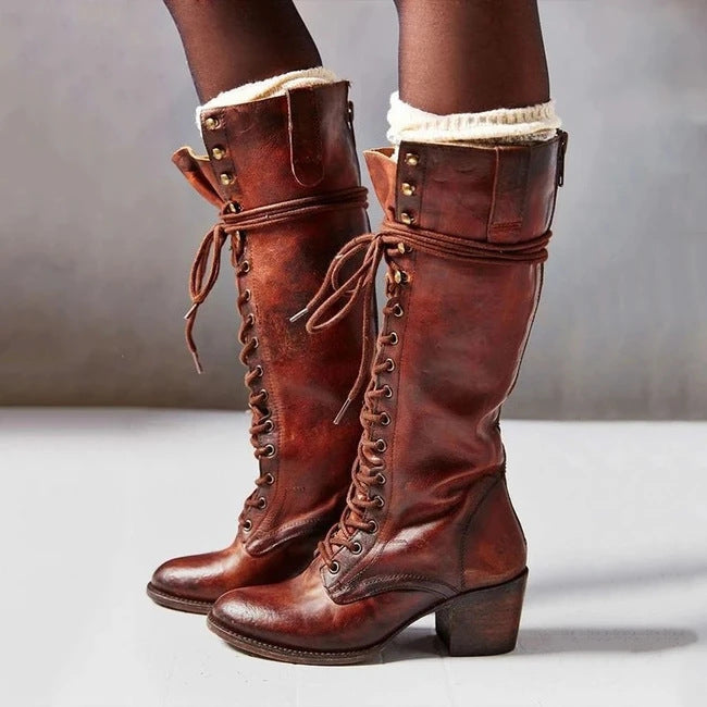 Women's Knee-High Leather Boots with Lace-Up Front and Chunky Heel 4