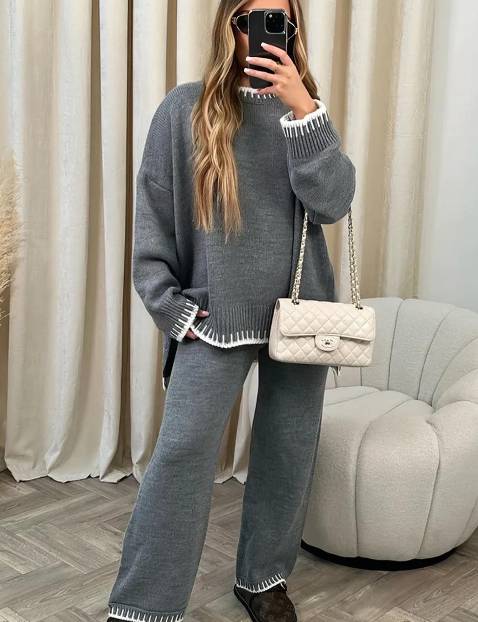 Women's Knit Lounge Set - Cozy Loungewear Set with Oversized Jumper and Wide-Leg Pants 6