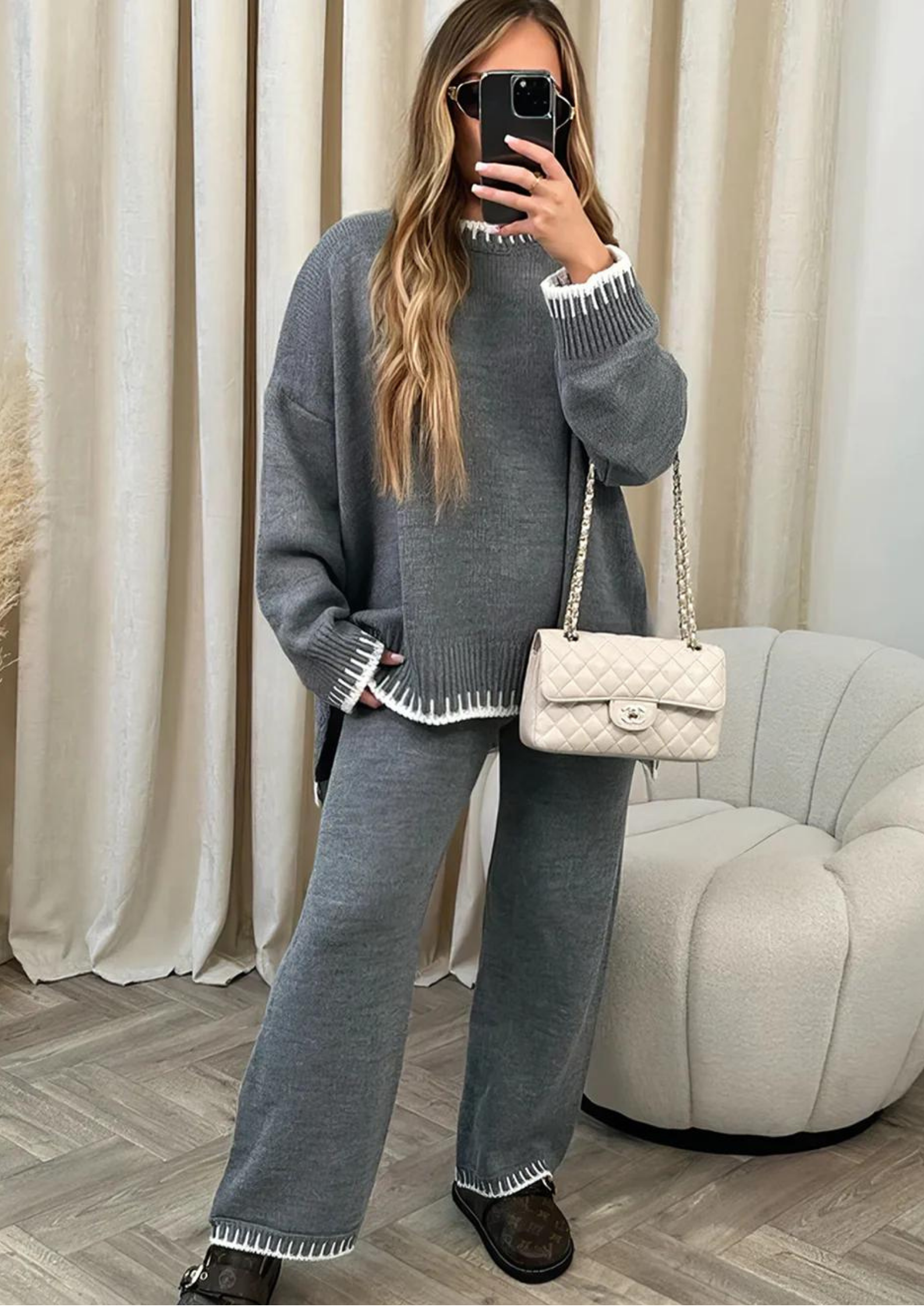 Women's Knit Lounge Set - Cozy Loungewear Set with Oversized Jumper and Wide-Leg Pants 6