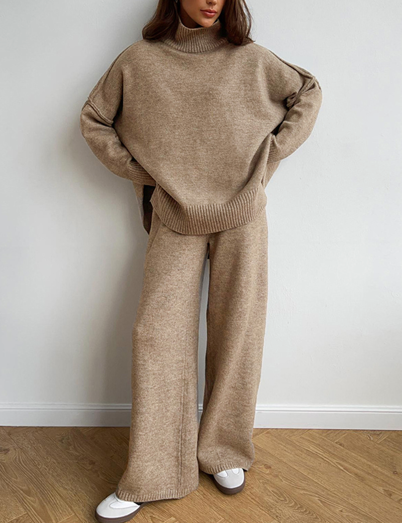 Women's Knit Lounge Set - Soft Touch Loungewear with Oversized Jumper & Wide-Leg Pants 0