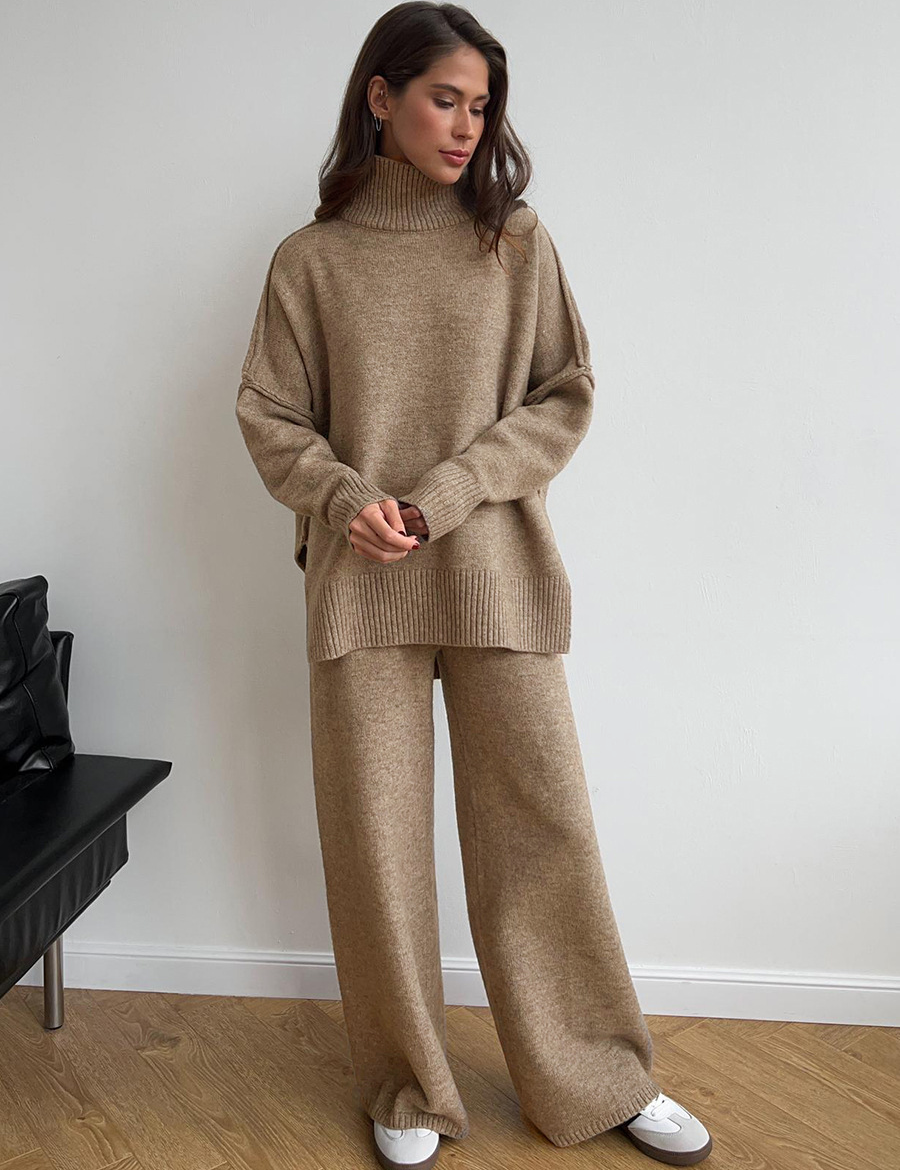 Women's Knit Lounge Set - Soft Touch Loungewear with Oversized Jumper & Wide-Leg Pants 1