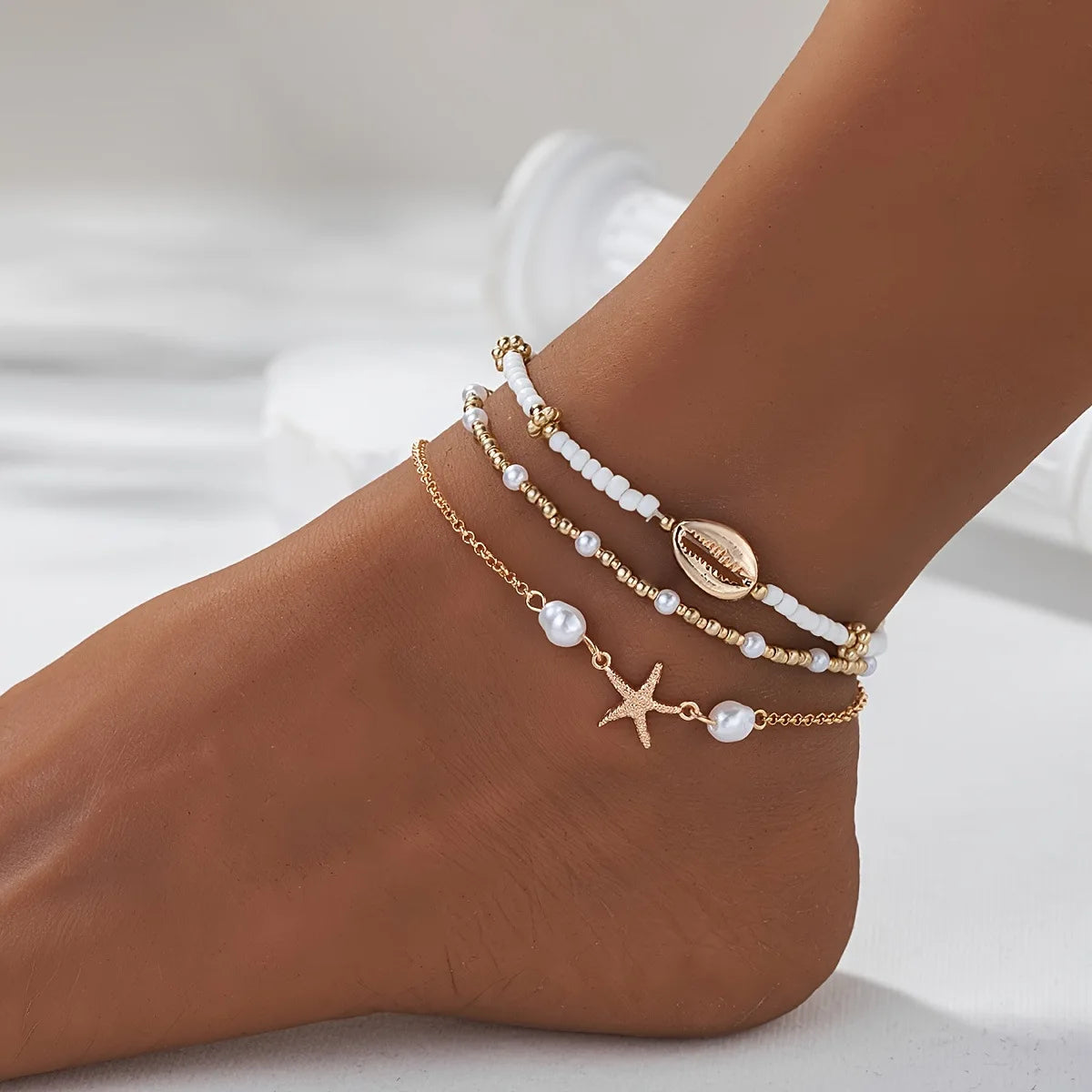 Women's Layered Anklet Set - Cowrie Shell, Pearl Gold Bead, Starfish Charm 0