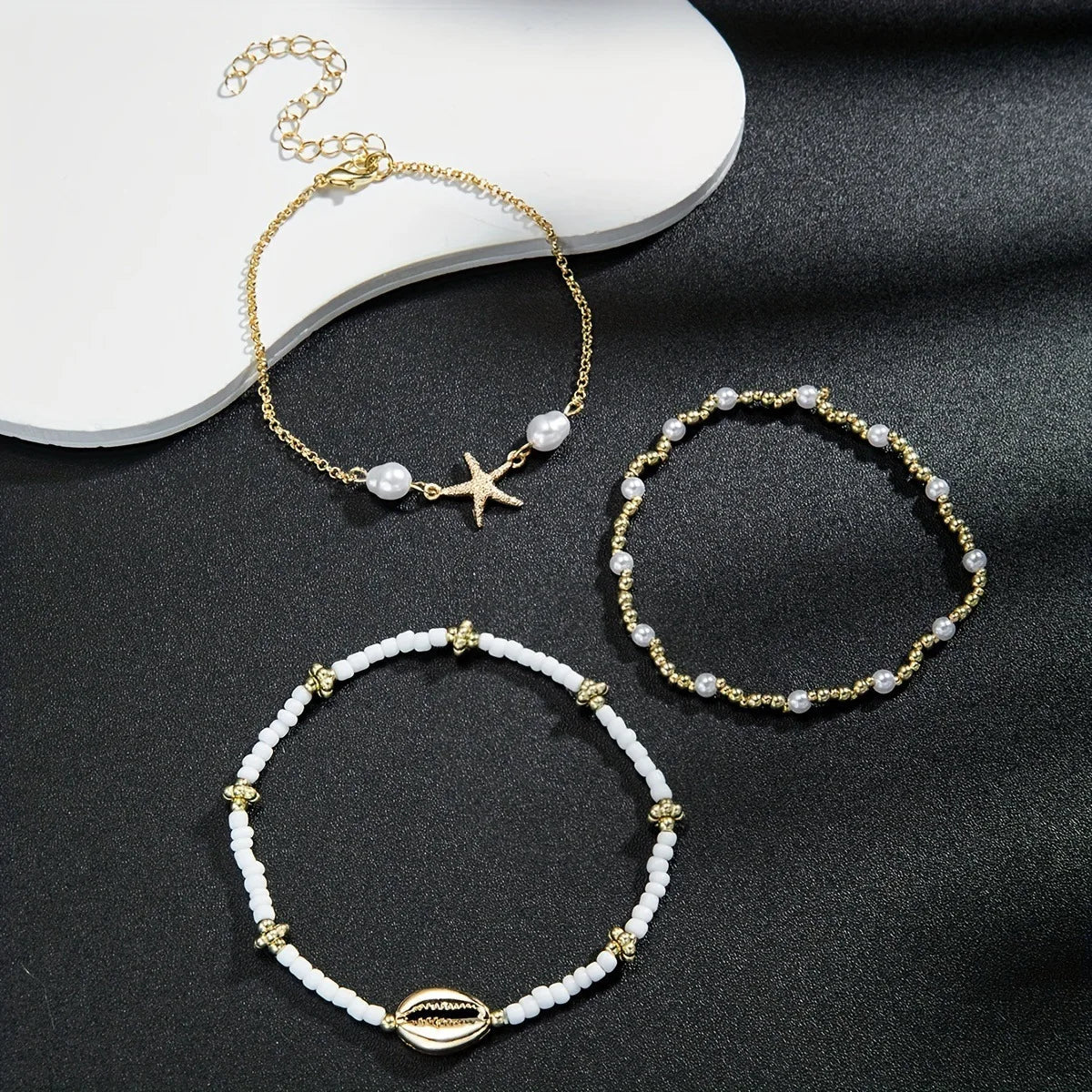 Women's Layered Anklet Set - Cowrie Shell, Pearl Gold Bead, Starfish Charm 2