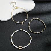 Women's Layered Anklet Set - Cowrie Shell, Pearl Gold Bead, Starfish Charm 2