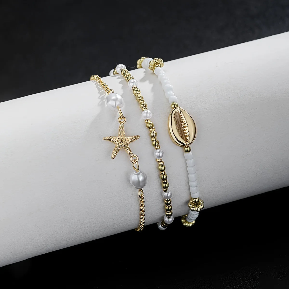 Women's Layered Anklet Set - Cowrie Shell, Pearl Gold Bead, Starfish Charm 3