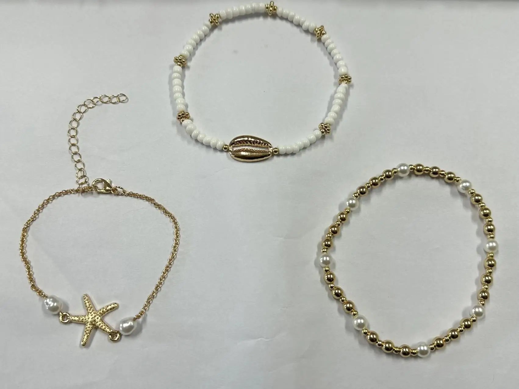 Women's Layered Anklet Set - Cowrie Shell, Pearl Gold Bead, Starfish Charm 4