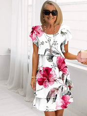Women's Layered Midi Dress with Floral Patterns and Ruffles 0