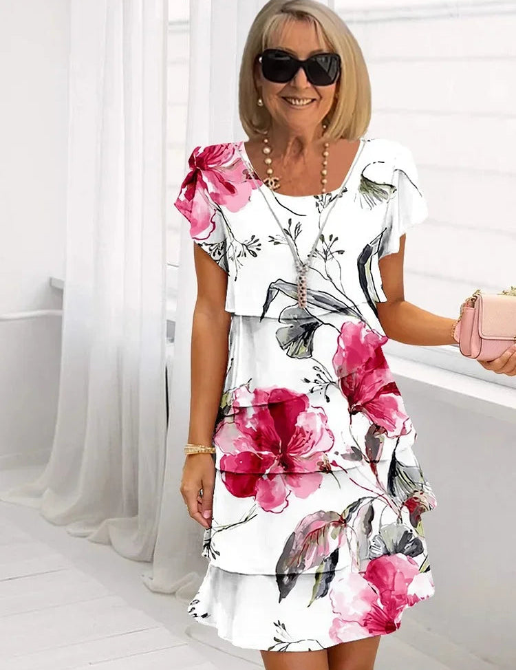 Women's Layered Midi Dress with Floral Patterns and Ruffles 0
