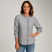 Women's Long Sleeve Blouse with Ruffles - Elegant White Blouse for Casual or Semi-Formal Wear