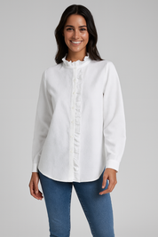 Women's Long Sleeve Blouse with Ruffles - Elegant White Blouse for Casual or Semi-Formal Wear