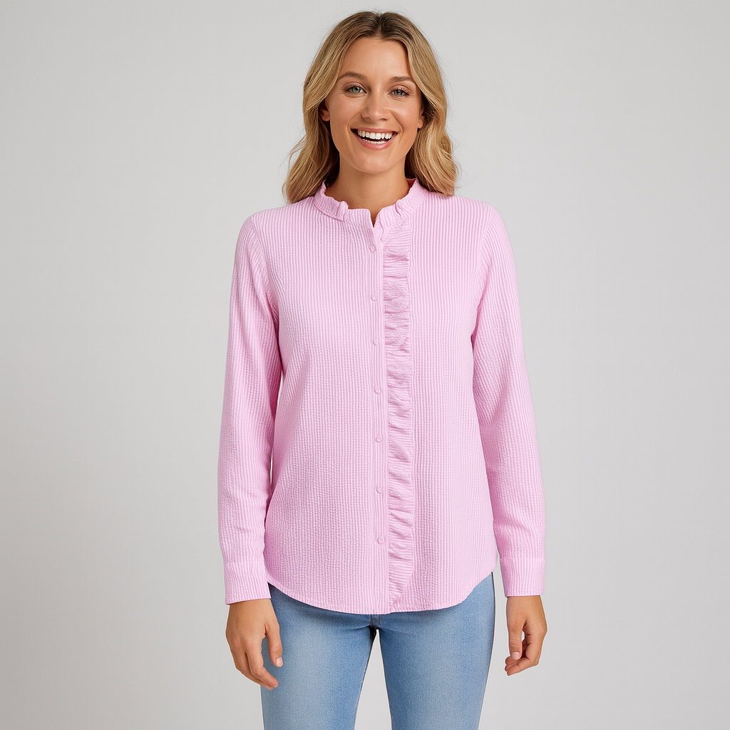 Women's Long Sleeve Blouse with Ruffles - Elegant White Blouse for Casual or Semi-Formal Wear