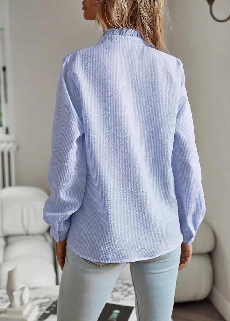 Women's Long Sleeve Blouse with Ruffles - Elegant White Blouse for Casual or Semi-Formal Wear 1