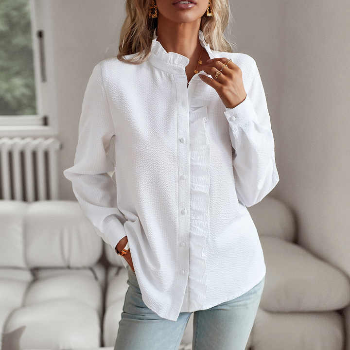 Women's Long Sleeve Blouse with Ruffles - Elegant White Blouse for Casual or Semi-Formal Wear 2