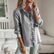 Women's Long Sleeve Blouse with Ruffles - Elegant White Blouse for Casual or Semi-Formal Wear 4