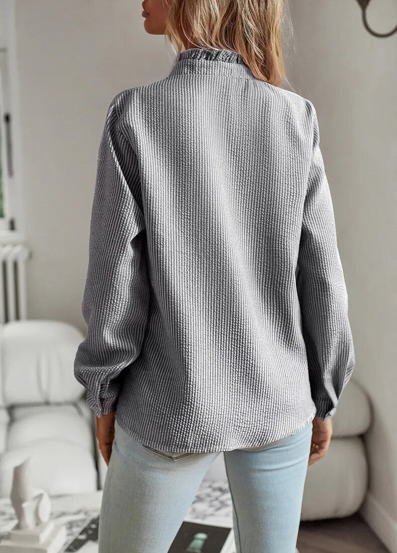 Women's Long Sleeve Blouse with Ruffles - Elegant White Blouse for Casual or Semi-Formal Wear 5