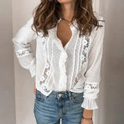 Women's Long Sleeve Lace Blouse - Elegant White Blouse for Casual and Formal Wear 0