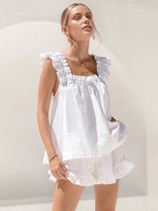 Women's Lounge Set - Ruffle Sleeveless Top and High-Waisted Shorts Loungewear 0