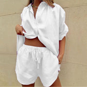 Women's Loungewear Two Piece Set - Casual Button-Up Shirt and Drawstring Shorts 2