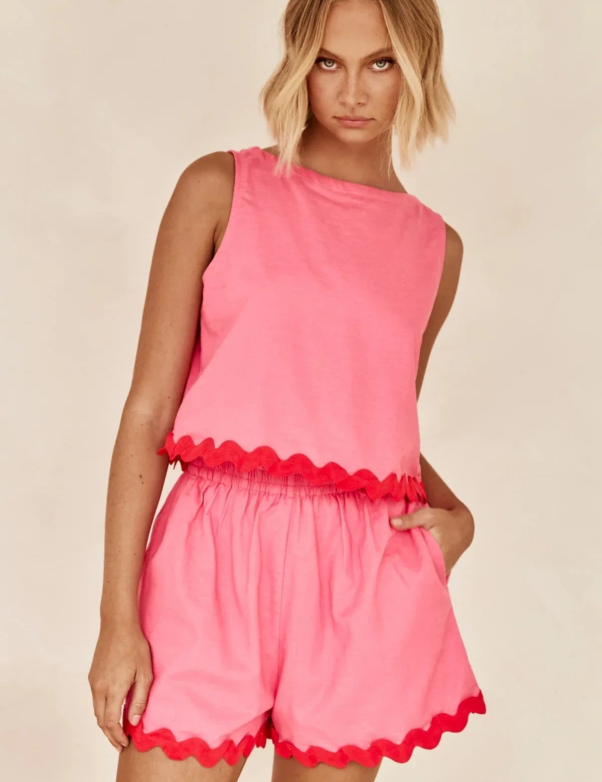 Women's Loungewear Two Piece Set - Tank Top and Shorts with Scalloped Trim 8