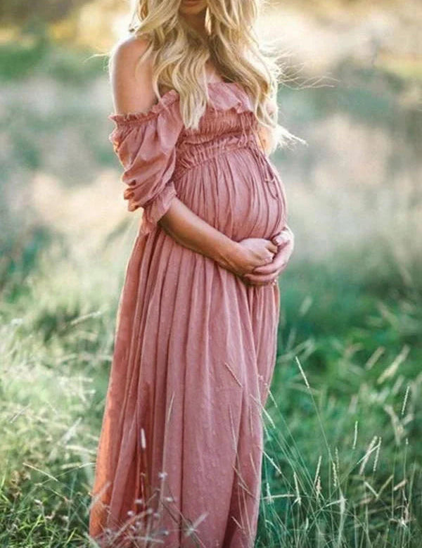 Women's Off-Shoulder Maxi Maternity Dress - Comfortable Pregnancy Clothes 0