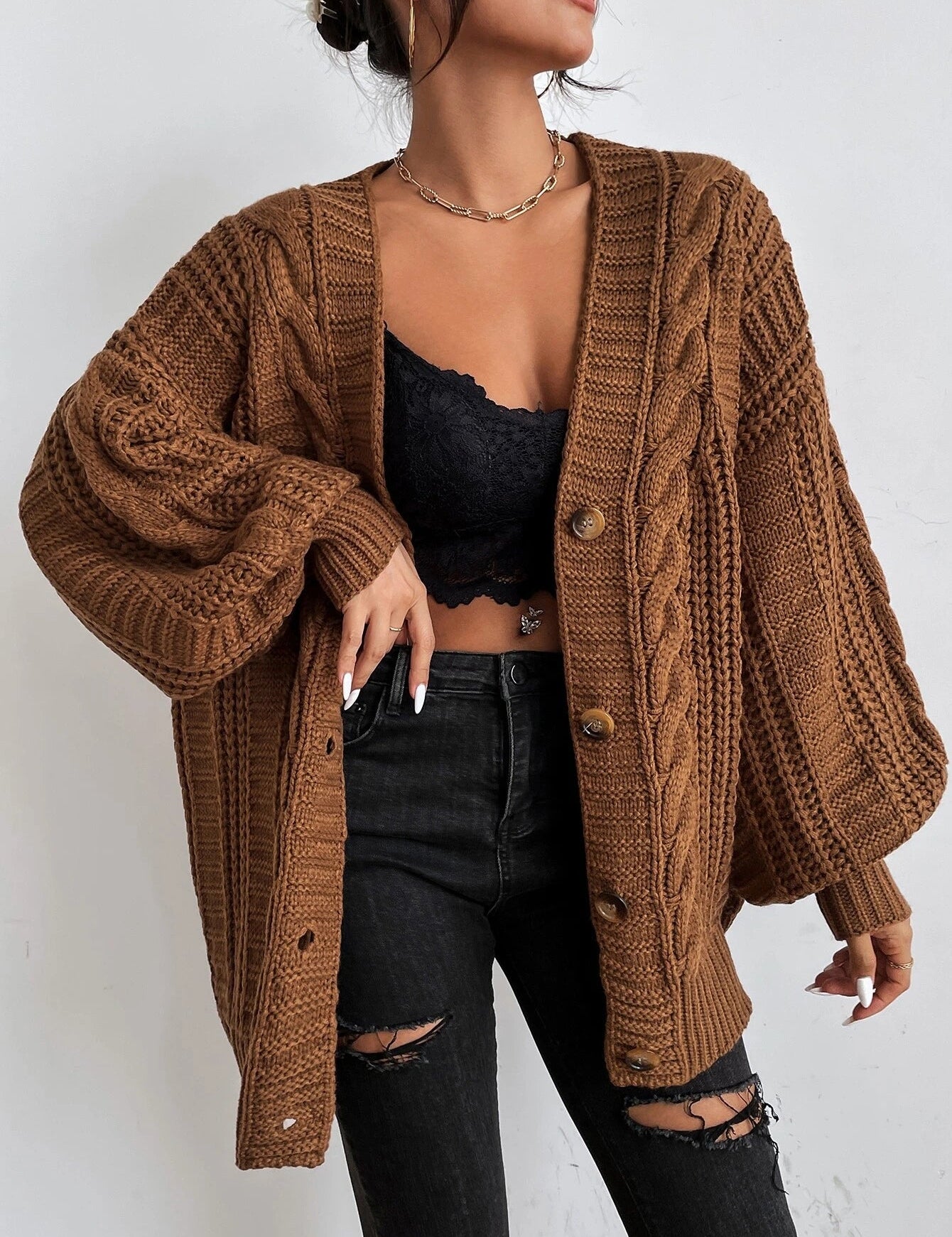 Women's Oversized Black Cable Knit Cardigan - Cozy Layering Jumper 0