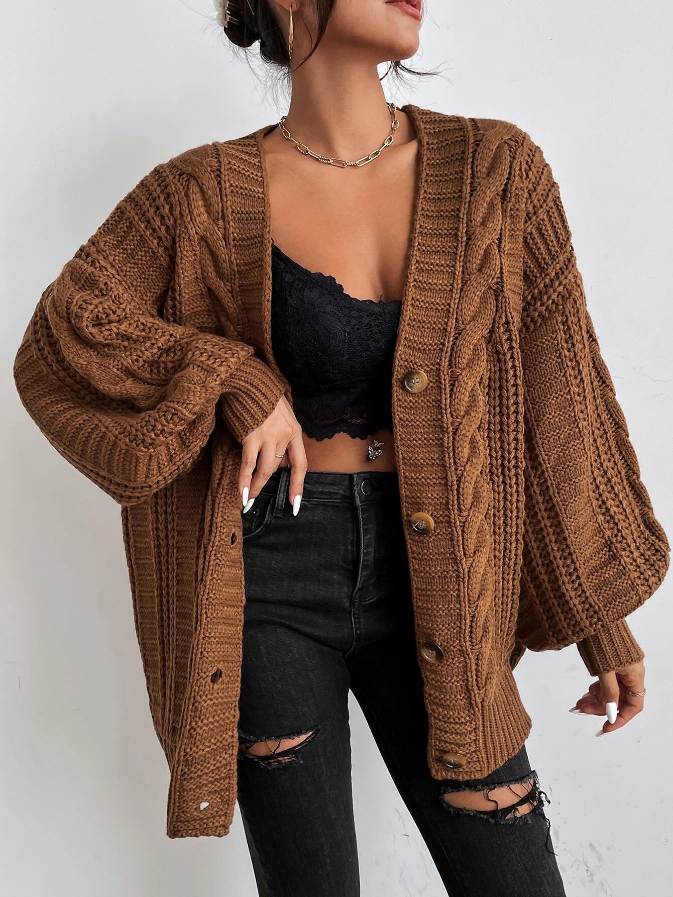 Women's Oversized Black Cable Knit Cardigan - Cozy Layering Jumper 0