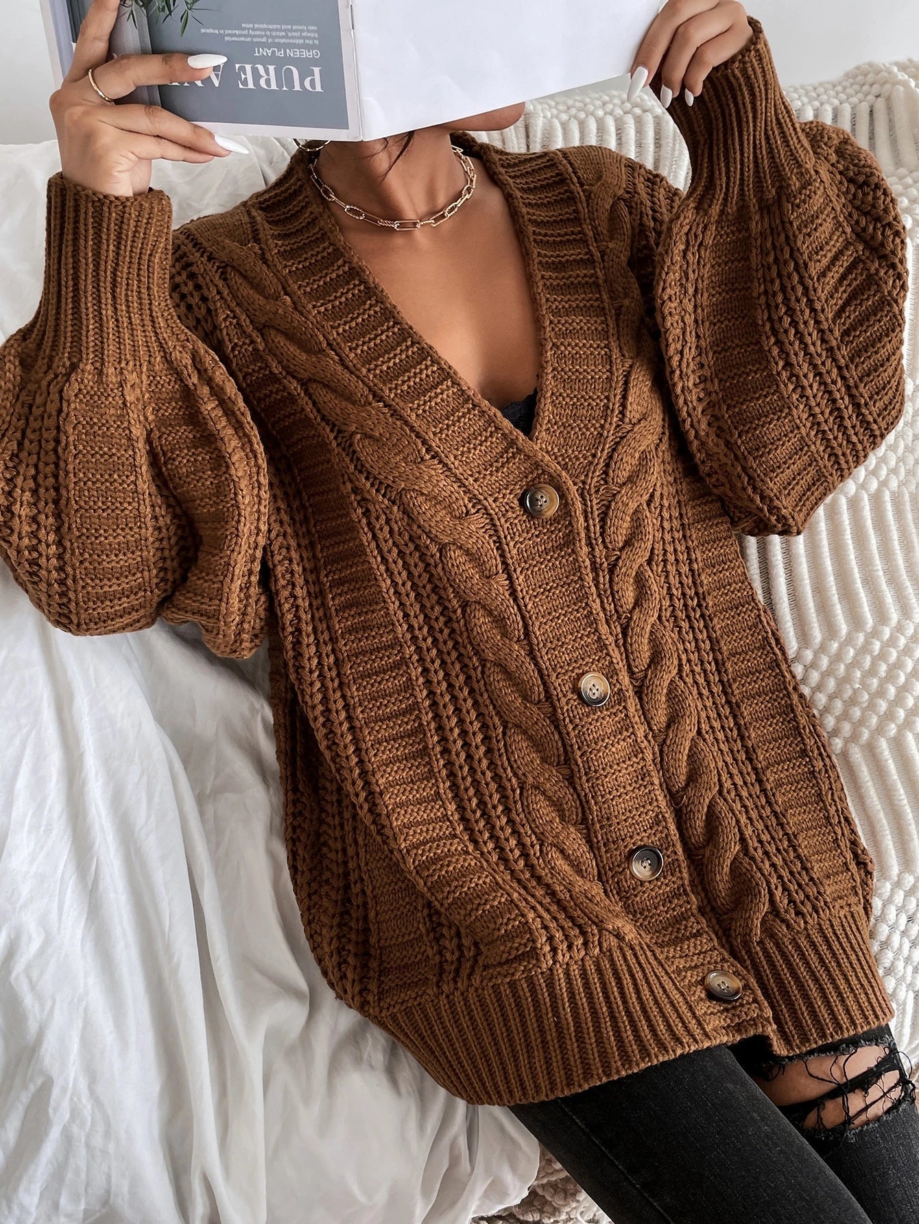 Women's Oversized Black Cable Knit Cardigan - Cozy Layering Jumper 2