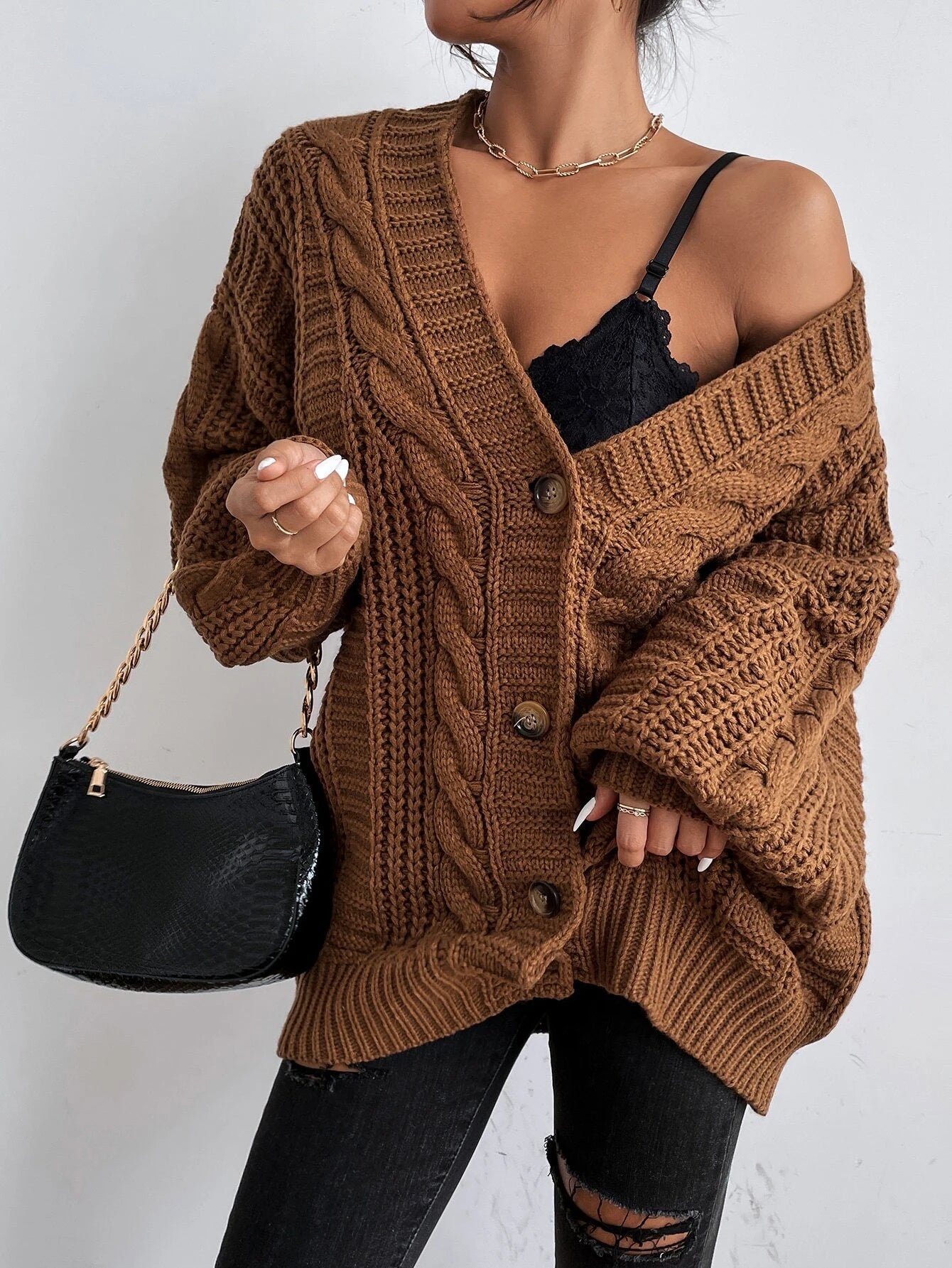 Women's Oversized Black Cable Knit Cardigan - Cozy Layering Jumper 3