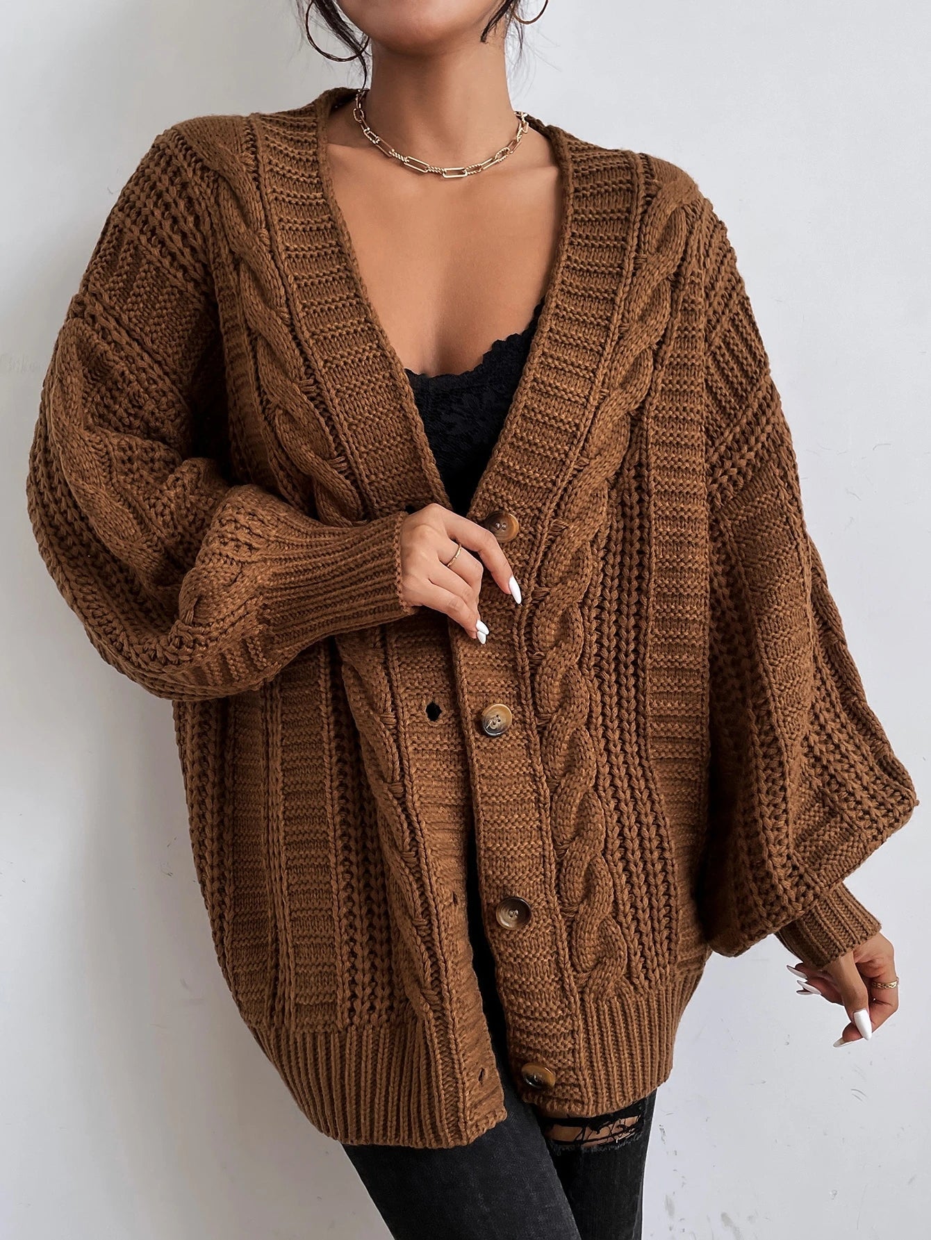 Women's Oversized Black Cable Knit Cardigan - Cozy Layering Jumper 4