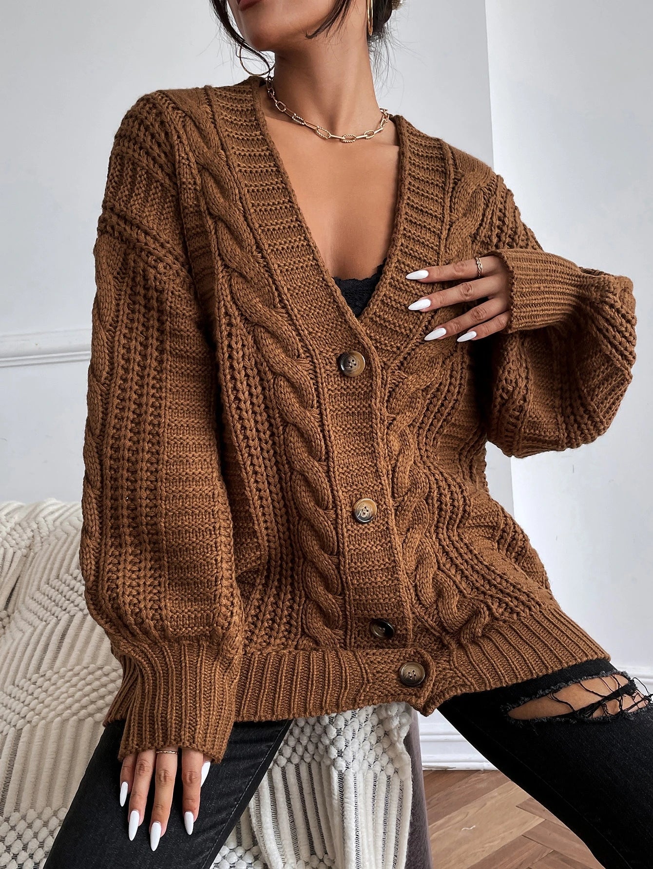 Women's Oversized Black Cable Knit Cardigan - Cozy Layering Jumper 5