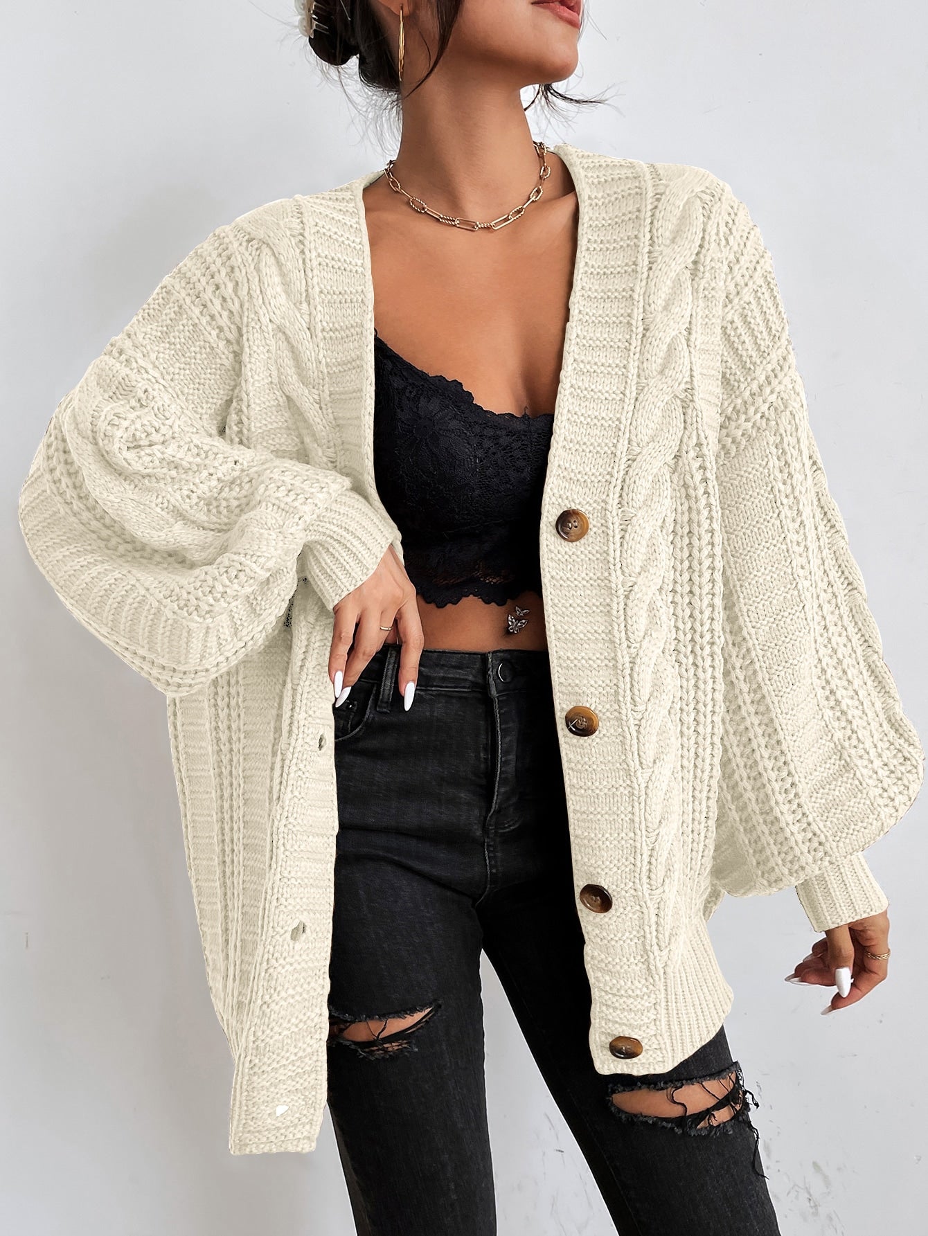 Women's Oversized Black Cable Knit Cardigan - Cozy Layering Jumper 6