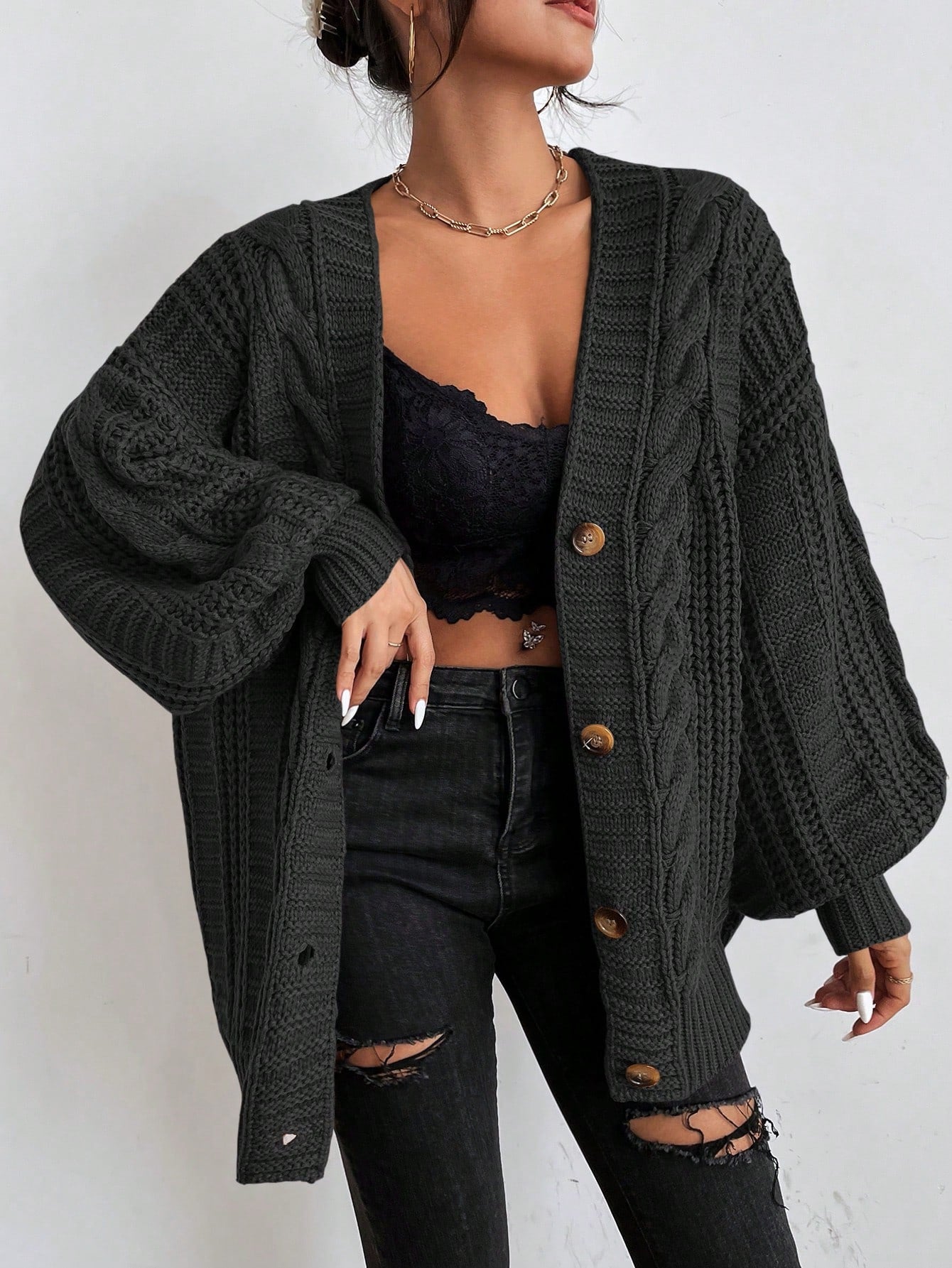 Women's Oversized Black Cable Knit Cardigan - Cozy Layering Jumper 7