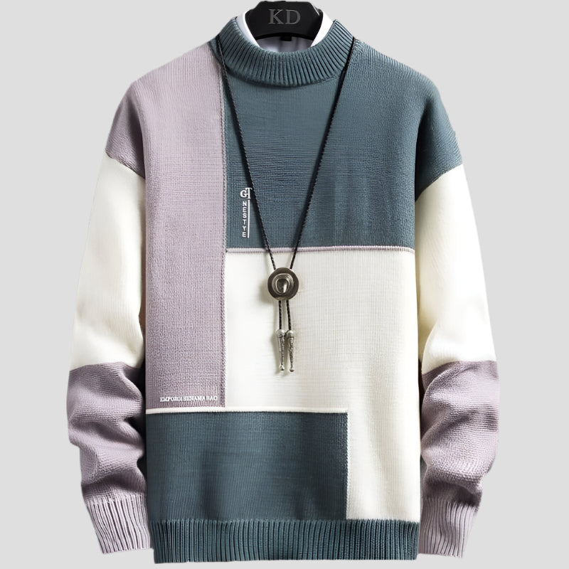 Women's Patchwork Pullover Sweater - Cozy Design with Circular Neckline and Elastic Sleeves 1