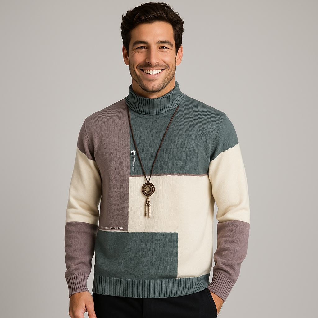 Women's Patchwork Pullover Sweater - Cozy Design with Circular Neckline and Elastic Sleeves