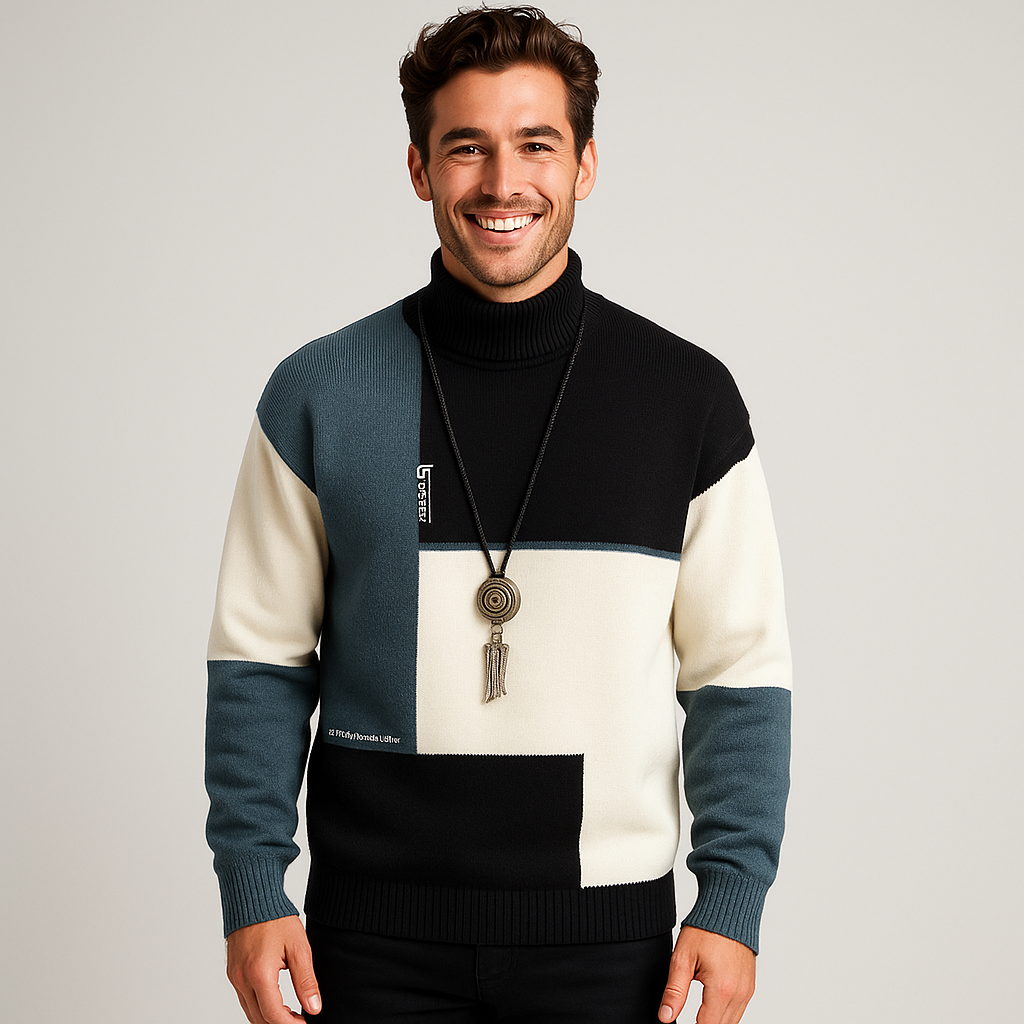 Women's Patchwork Pullover Sweater - Cozy Design with Circular Neckline and Elastic Sleeves