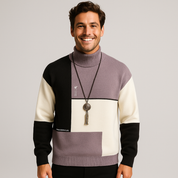 Women's Patchwork Pullover Sweater - Cozy Design with Circular Neckline and Elastic Sleeves