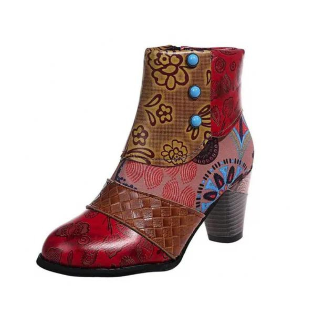 Women's Retro Leather Boots - Waterproof Ethnic Design for All-Day Comfort 0