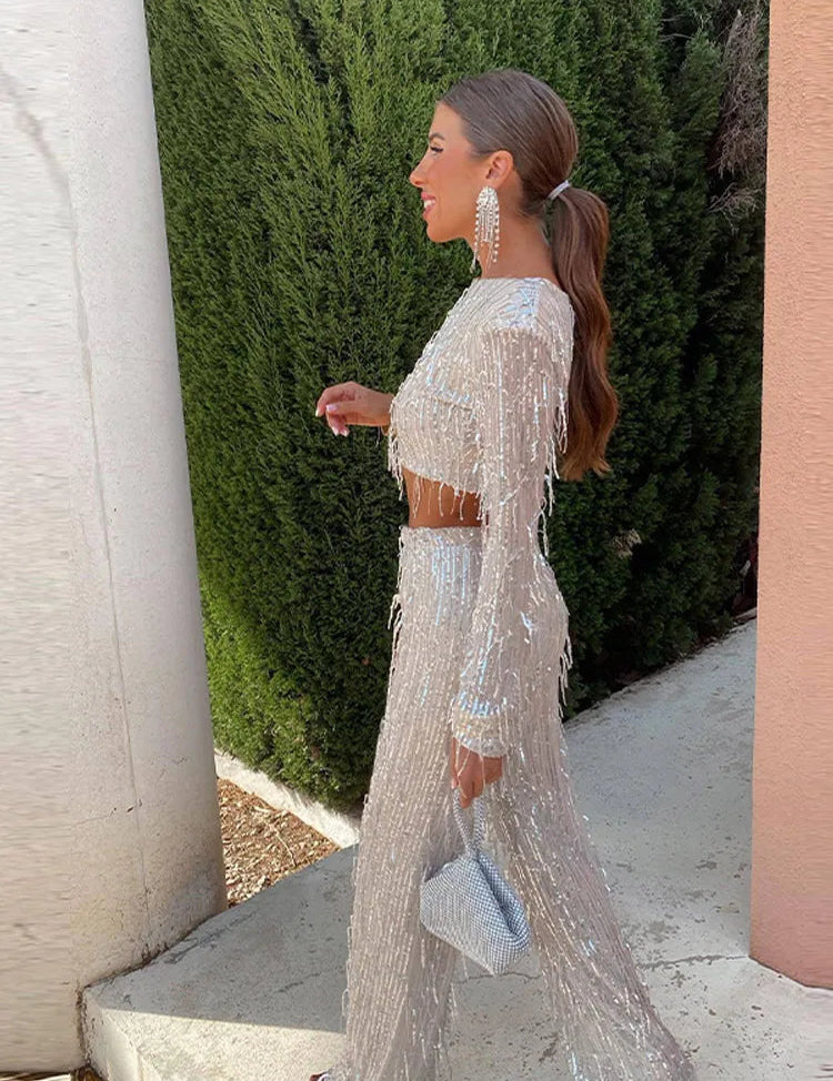 Women's Sequin Set - Cropped Top and Wide-Leg Pants for Glamorous Occasions 1